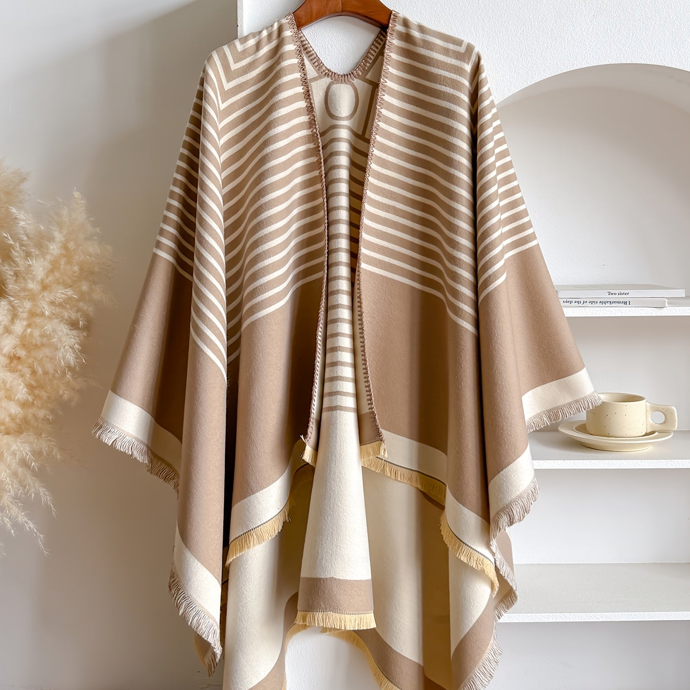 Women's Striped Fringe Trim Open Front Wrap Poncho Cape