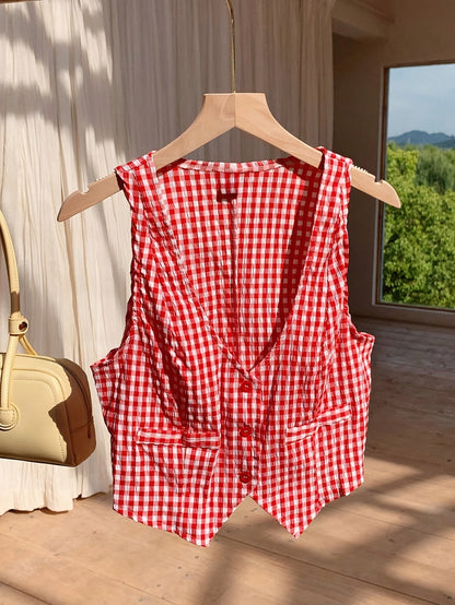 Gilet court à carreaux style élégant pour femme – Idéal printemps/été, sans manches, coupe ajustée