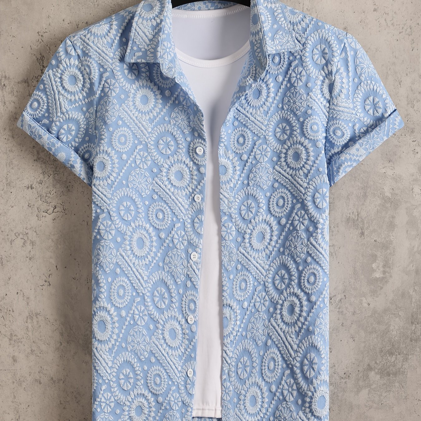 Camicia da uomo stile resort a maniche corte, motivo medaglione testurizzato, ideale per vacanze e uscite estive