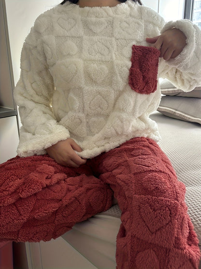 Pyjama Femme Doux Bicolore Motif Cœurs avec Poche Poitrine