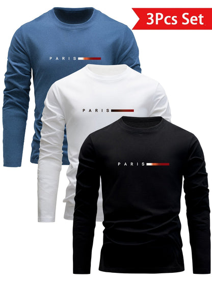 Lot de 3 T-shirts Homme Manches Longues Col Rond Motif Paris Dégradé