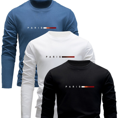 Lot de 3 T-shirts Homme Manches Longues Col Rond Motif Paris Dégradé