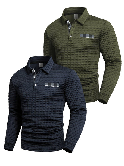 Polo homme à manches longues texturé quadrillé bicolore col chemise