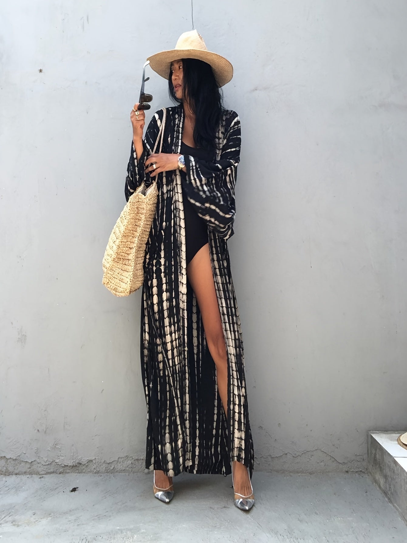 Langer Damen-Strandkimono im boho-chicen Stil für Urlaub und Pool