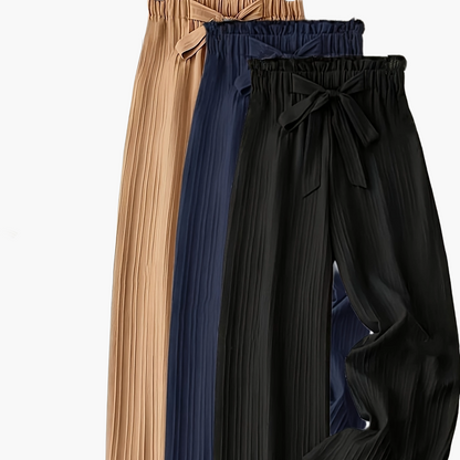 Pantalon large droit à taille élastique avec ceinture nœud pour femme, style élégant décontracté