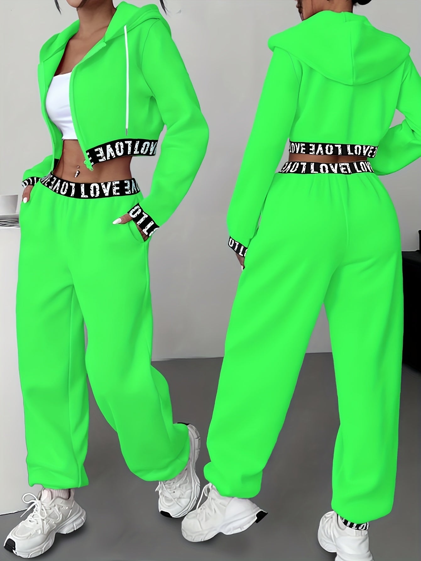 Ensemble survêtement femme crop top à capuche et pantalon large couleur unie