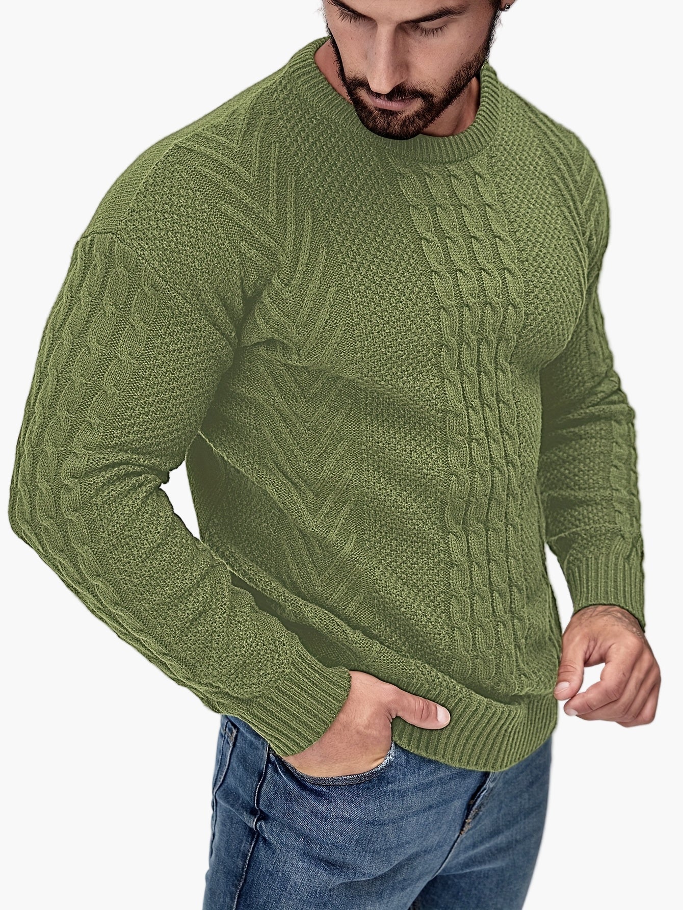 Jersey de punto trenzado para hombre estilo urbano casual – Mangas largas, elegante otoño/invierno