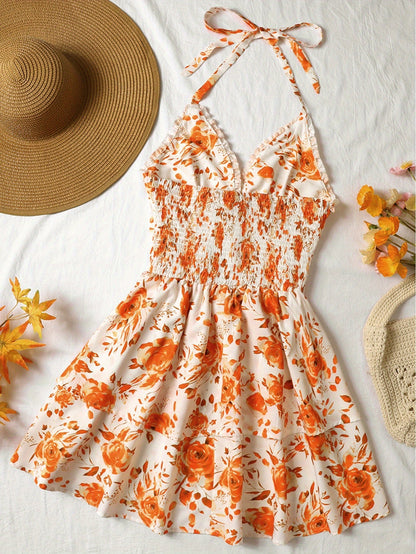 Sommerkjole til kvinder i boheme-stil med flæser, halterneck, blomsterprint, ideel til aftener og fester