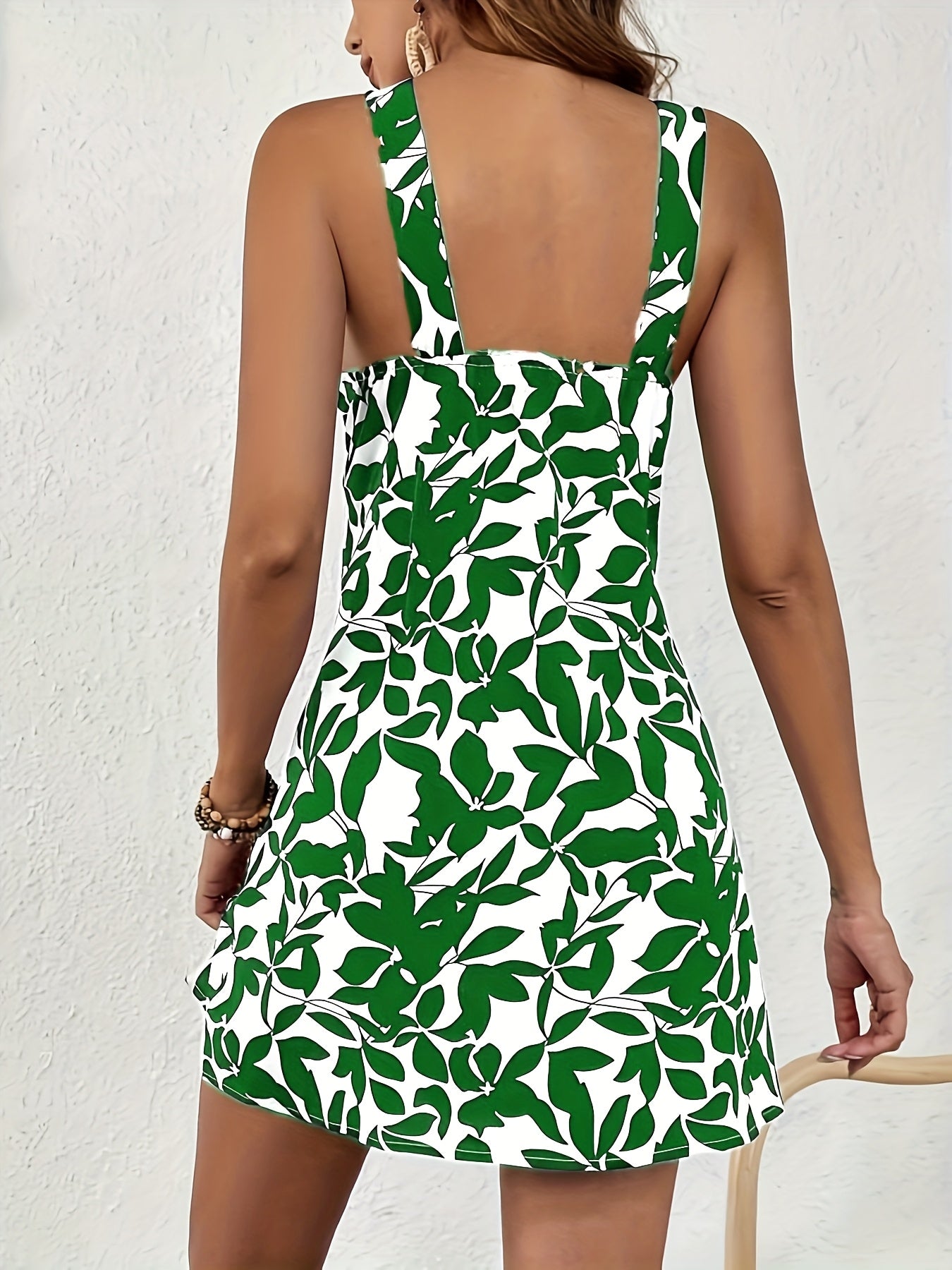 Robe Femme Élégante à Imprimé Feuillage Style Estival Col Croisé
