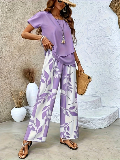 Ensemble élégant pour femme à manches courtes style décontracté chic avec pantalon large imprimé floral
