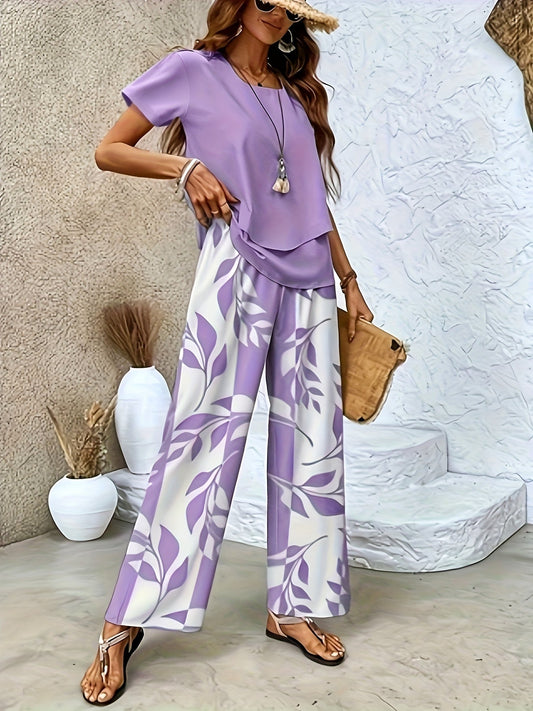 Ensemble élégant pour femme à manches courtes style décontracté chic avec pantalon large imprimé floral