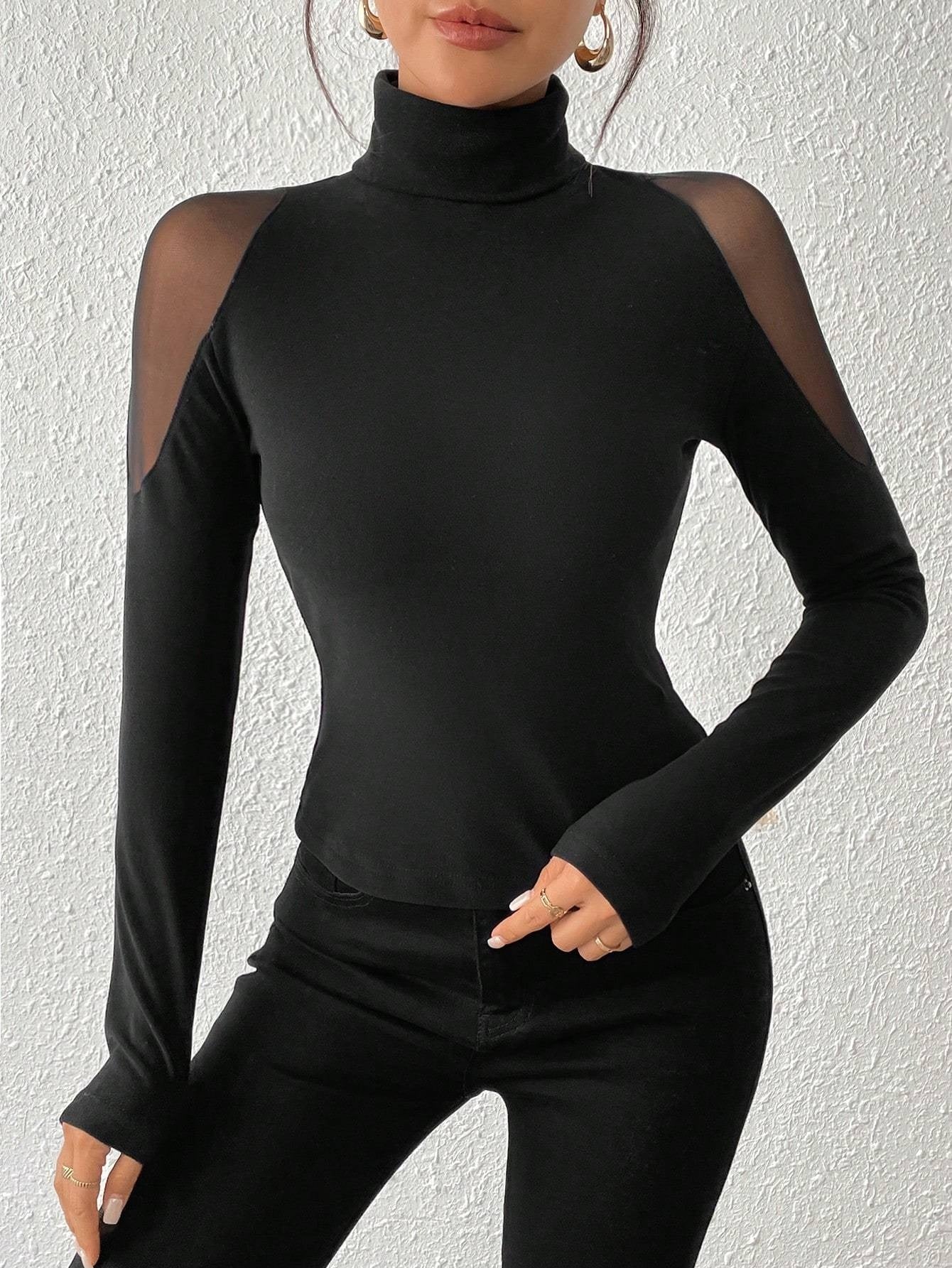 Haut moulant femme col roulé noir manches longues transparentes épaules