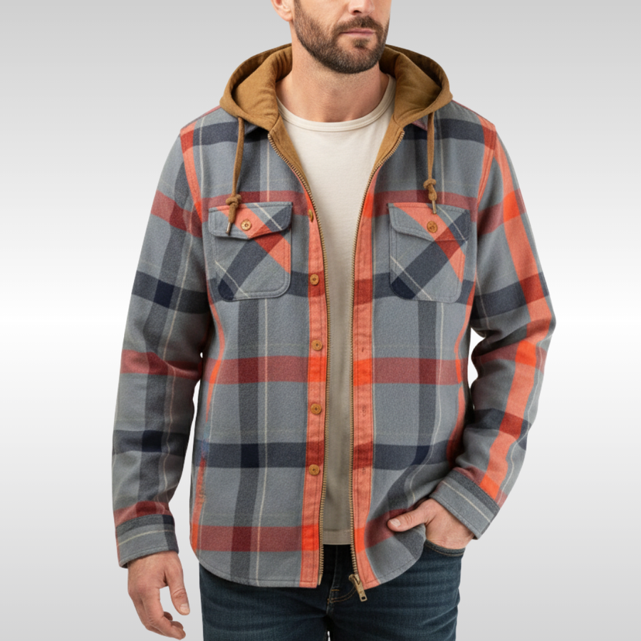 Herren-Hemdjacke mit abnehmbarer Kapuze, blau-braun kariert