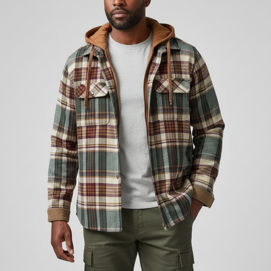 Herren-Hemdjacke mit abnehmbarer Kapuze, blau-braun kariert