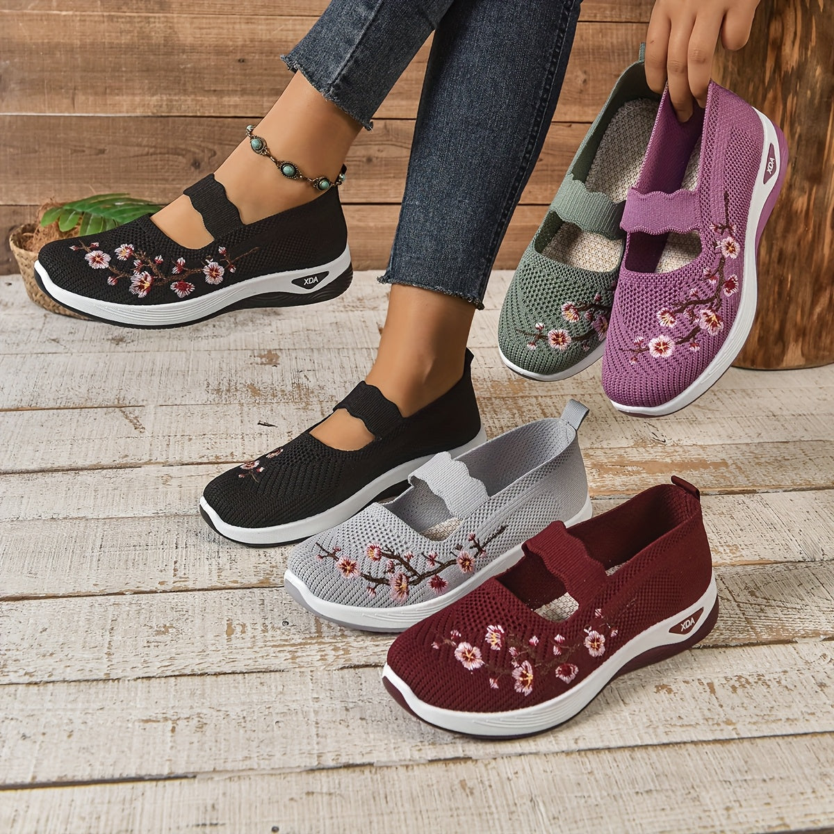 Chaussures décontractées femme confort avec broderie florale et bride élastique – Style marche et loisirs