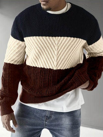 Pull homme tricoté à rayures color block bleu marine, beige et marron