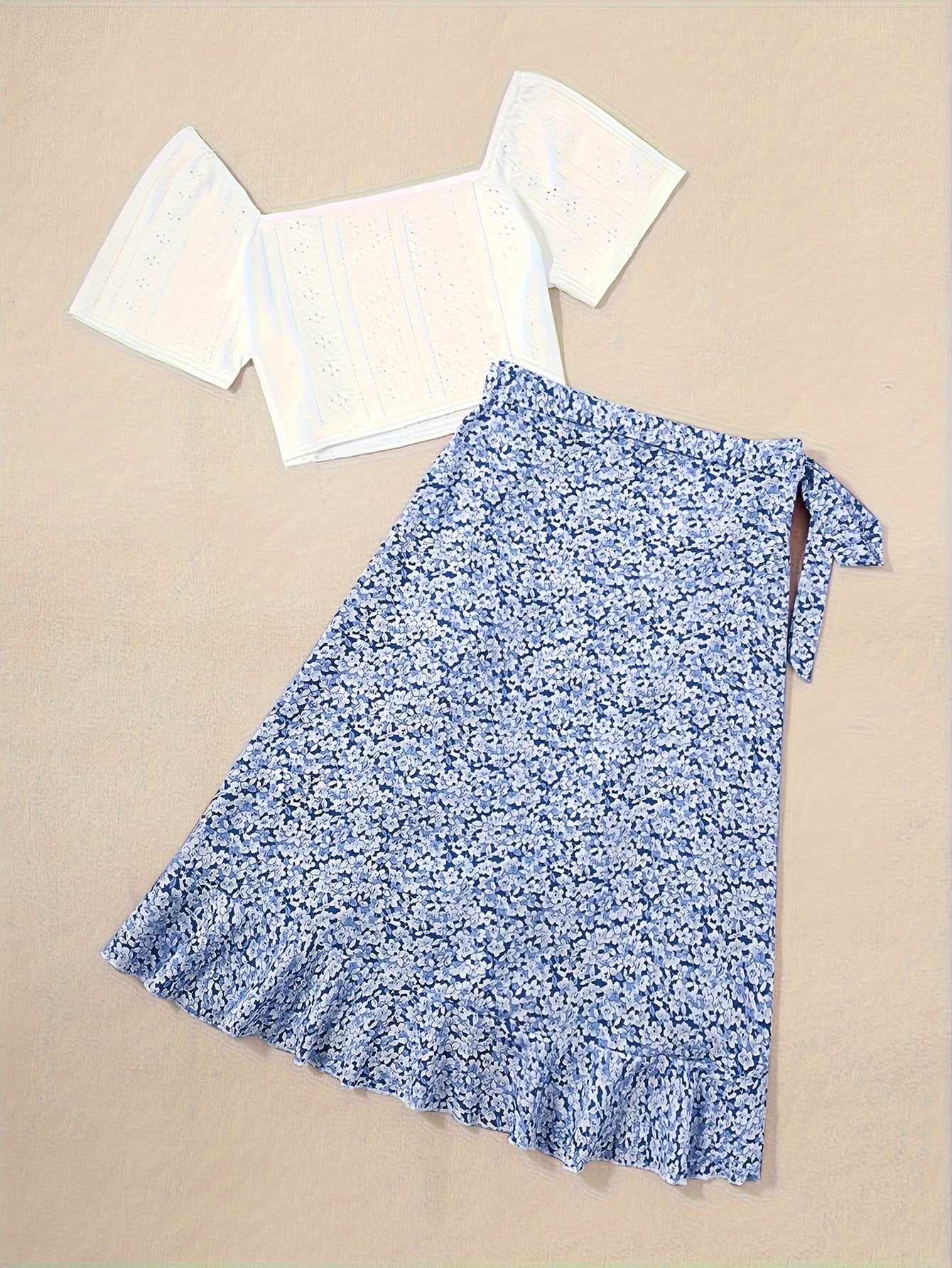 Women's Boho Chic Set – Short Sleeve Crop Top and Floral Wrap Skirt