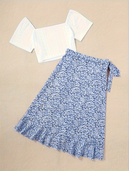 Women's Boho Chic Set – Short Sleeve Crop Top and Floral Wrap Skirt