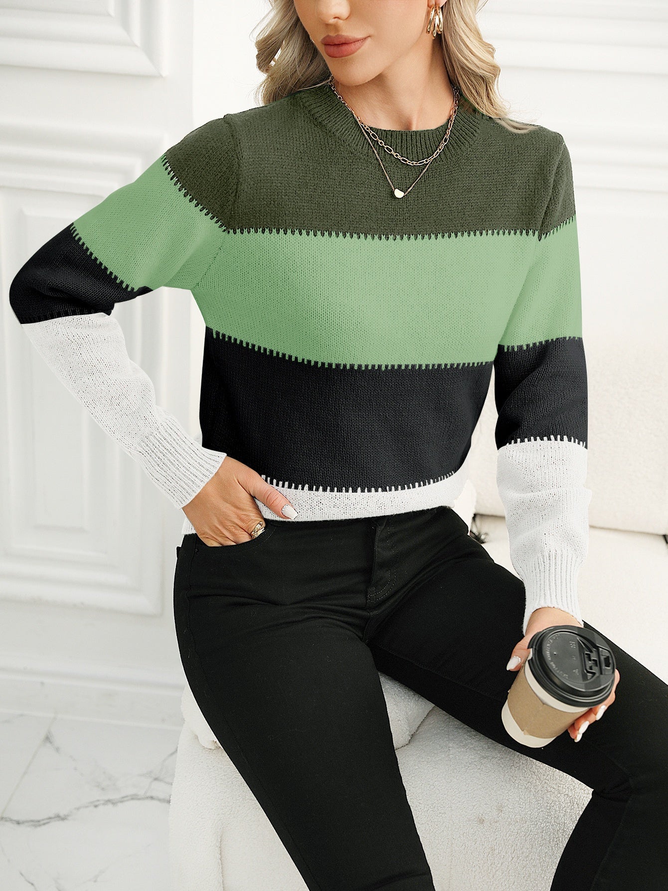Pull rayé color block col rond tricoté pour femme