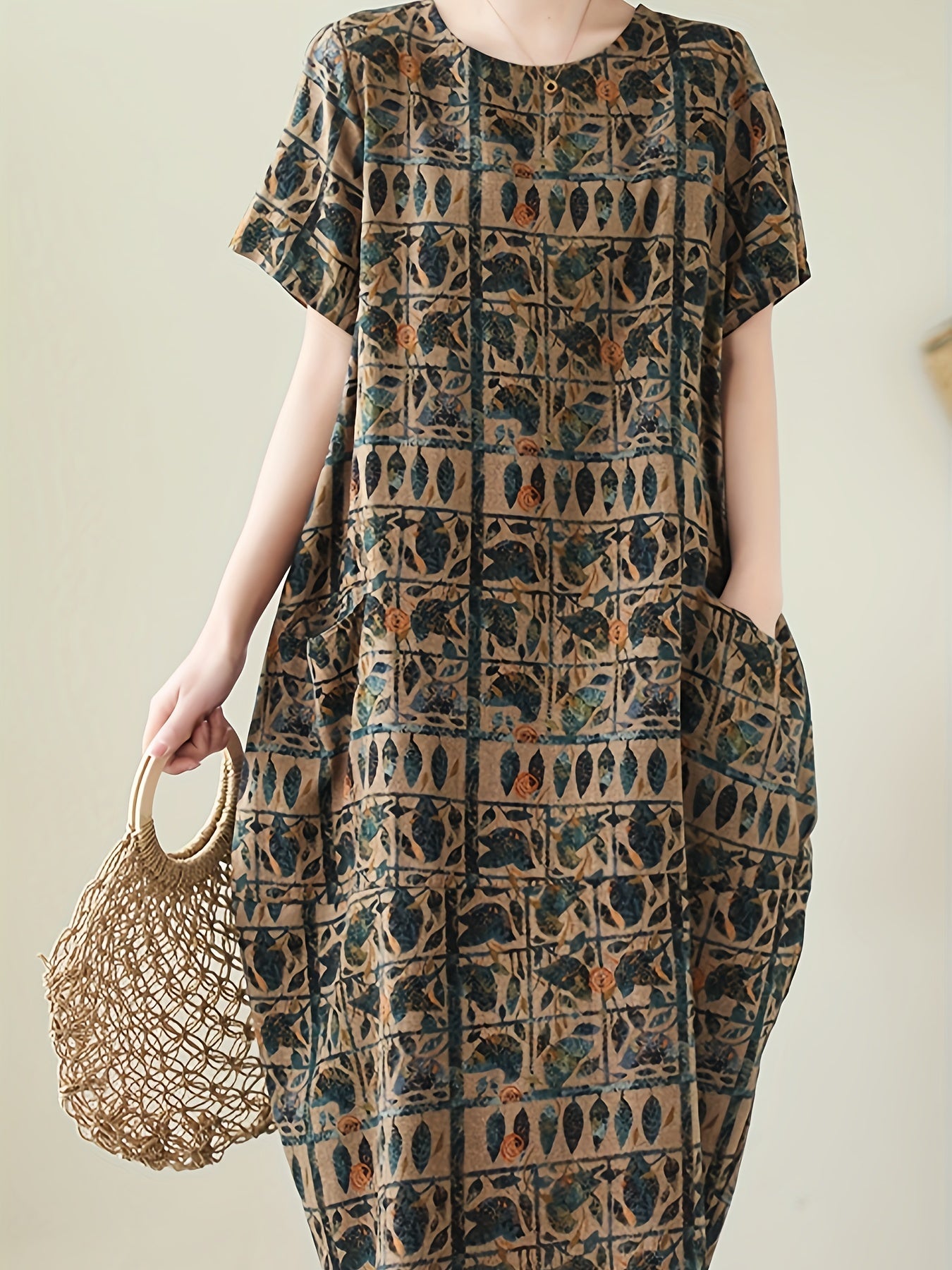 Abito casual a maniche corte da donna stile artistico bohémien ampio con stampa geometrica e botanica