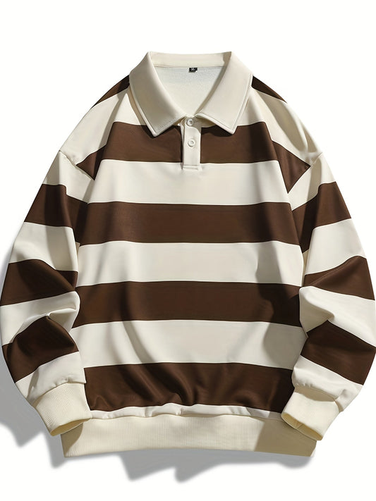 Polo manches longues à rayures horizontales marron et blanc cassé pour homme