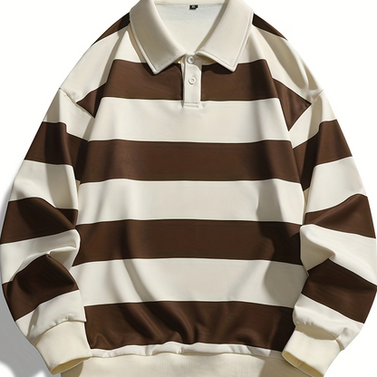 Polo manches longues à rayures horizontales marron et blanc cassé pour homme