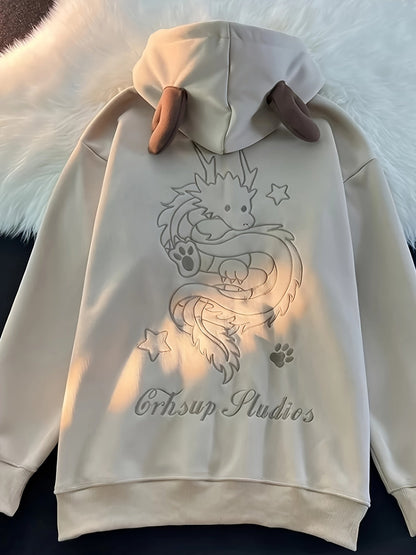 Sweat à Capuche Zippé Unisexe Crème avec Cornes et Motif Dragon Brodé