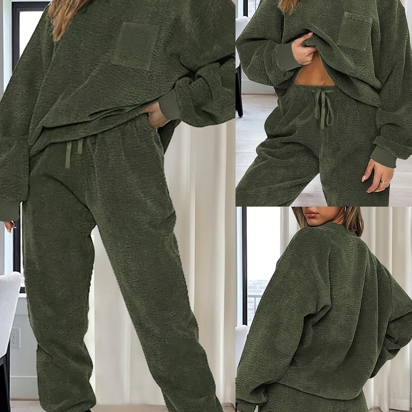 Ensemble Homme Femme Doux Texturé Vert Olive avec Poches