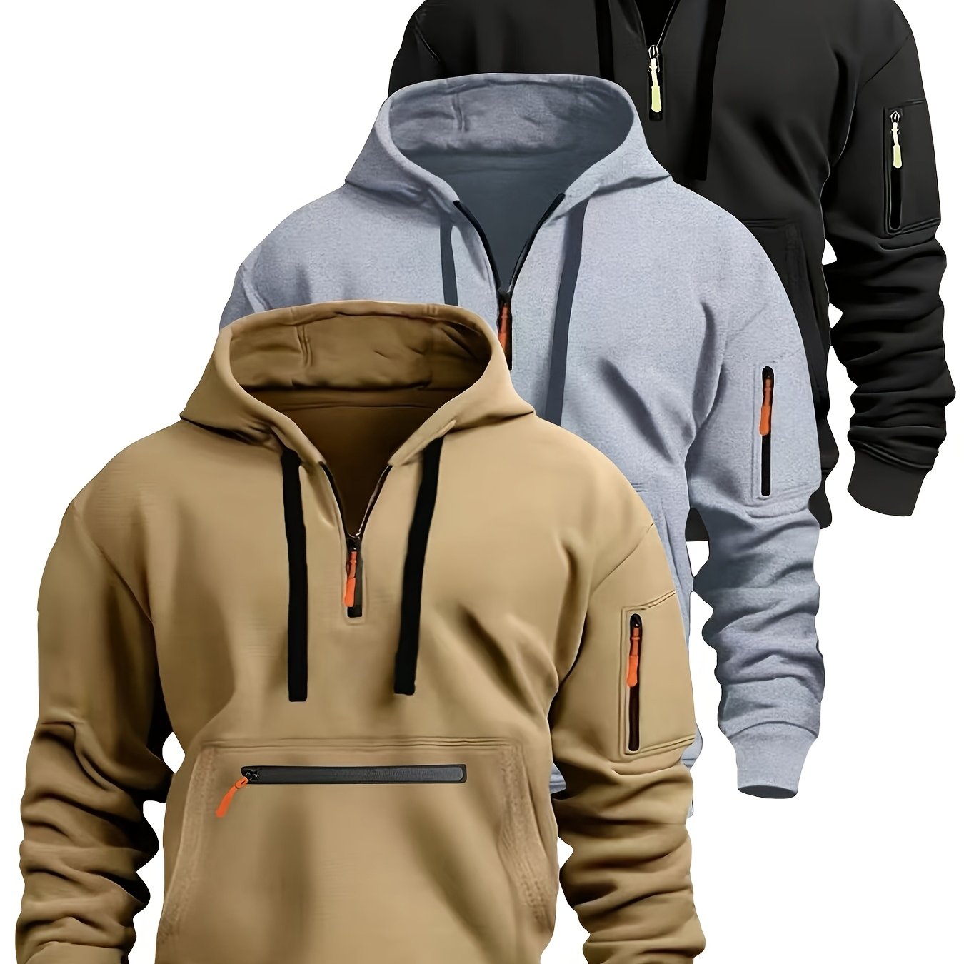 Sweat à Capuche Homme Zippé Mi-long avec Poche Kangourou et Manches Zippées