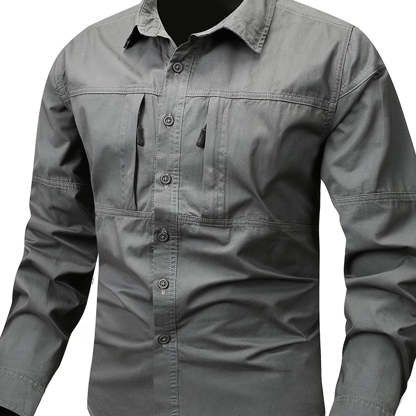Chemise Homme Boutonnée Manches Longues à Poches Zippées Style Cargo Militaire