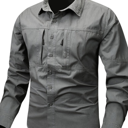 Chemise Homme Boutonnée Manches Longues à Poches Zippées Style Cargo Militaire