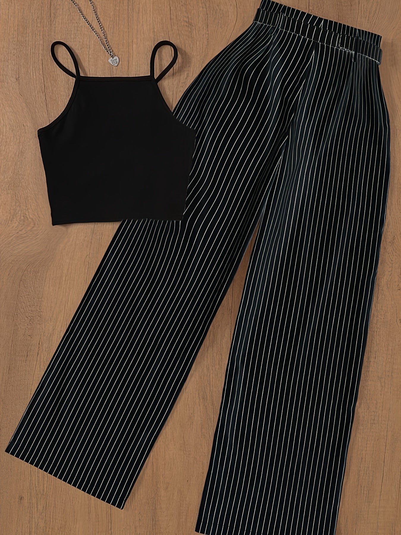 Ensemble femme élégant à rayures pour printemps/été, pantalon large et crop top chic