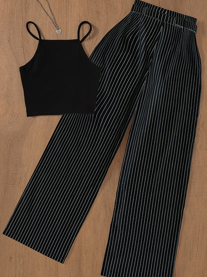 Ensemble femme élégant à rayures pour printemps/été, pantalon large et crop top chic