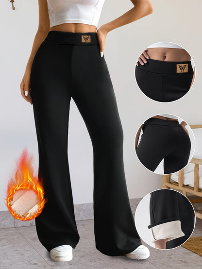 Pantalon Évasé Thermique Femme Noir Taille Haute Jambe Large Confort Doux