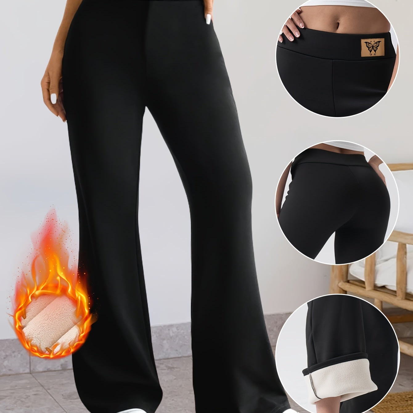 Pantalon Évasé Thermique Femme Noir Taille Haute Jambe Large Confort Doux