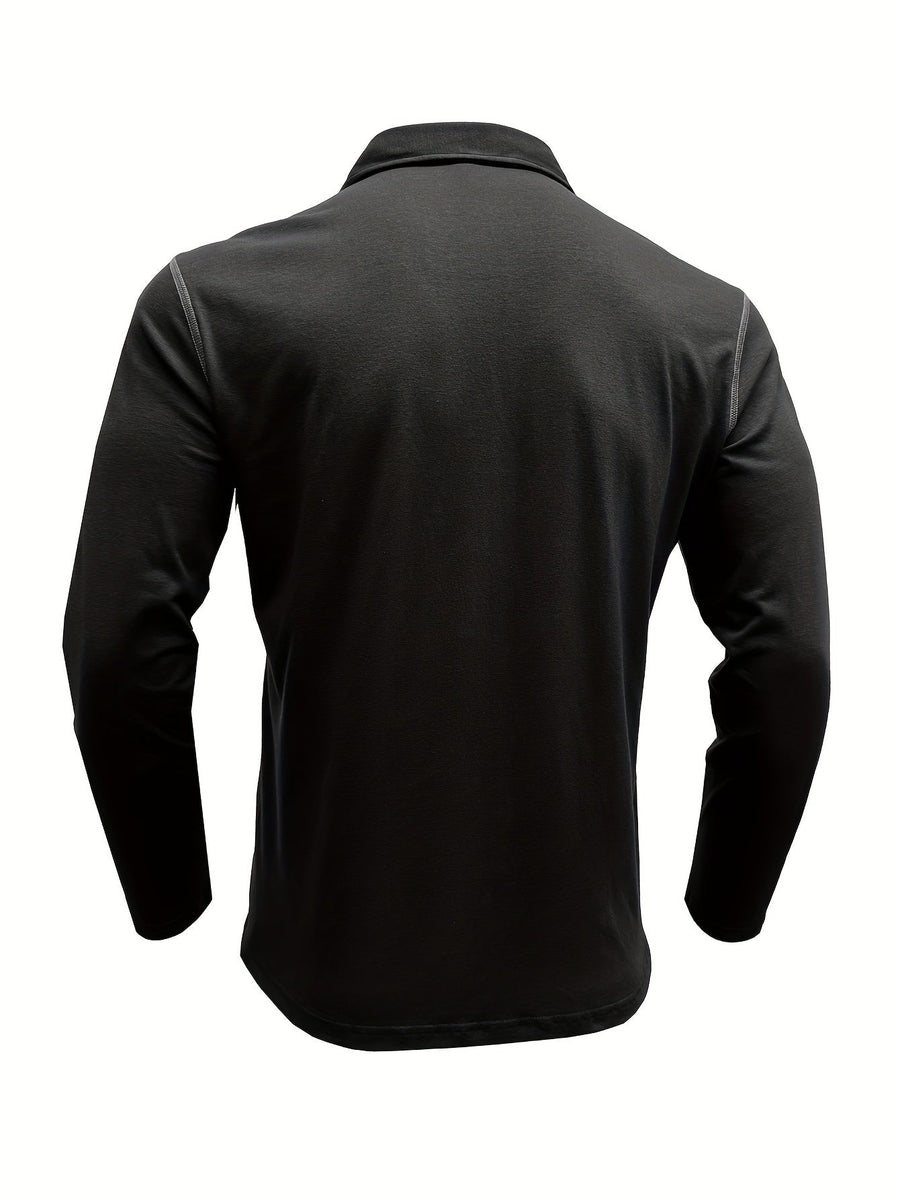 Herren-Langarm-Poloshirt mit Stehkragen, Knopfleiste und dekorativen Brusttaschen