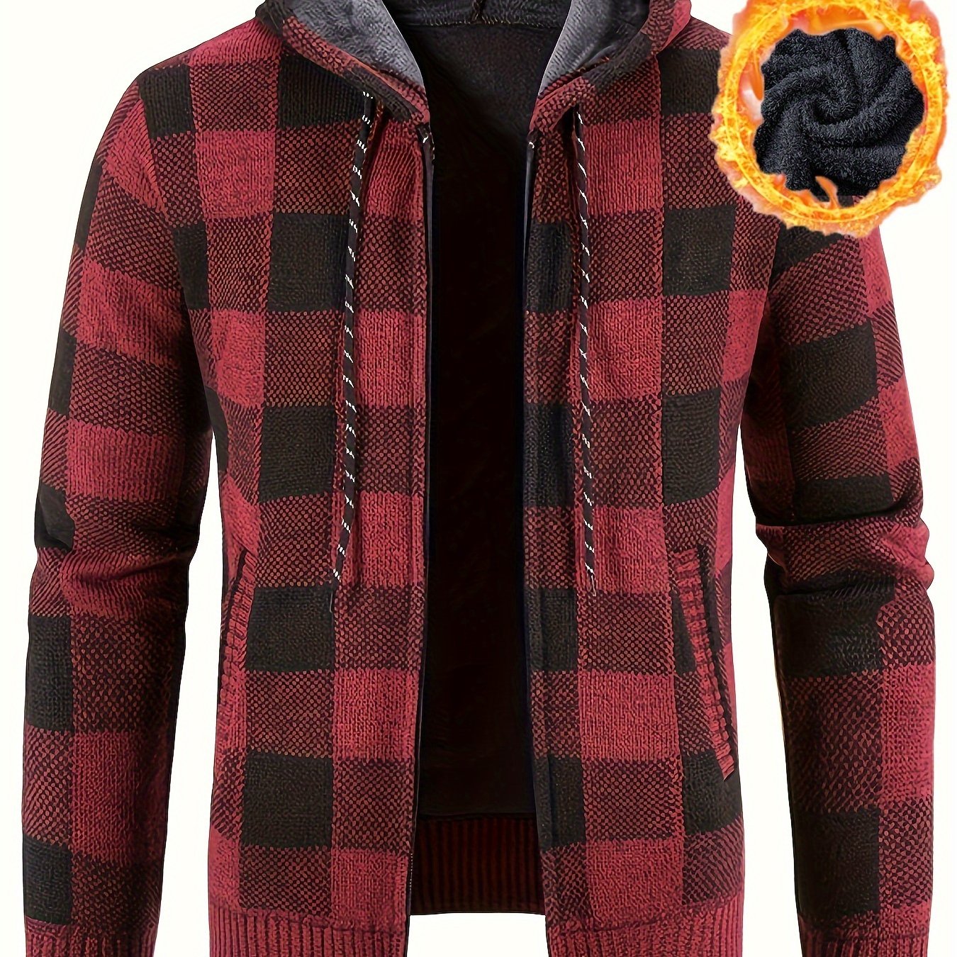 Cardigan Homme à Capuche Carreaux Marron Noir Fermeture Éclair Doublure Chaude
