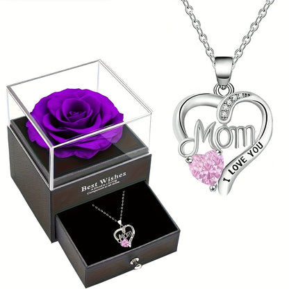 Collier Femme Pendentif Coeur 'Mom' avec Rose Éternelle – Cadeau Élégant pour la Fête des Mères