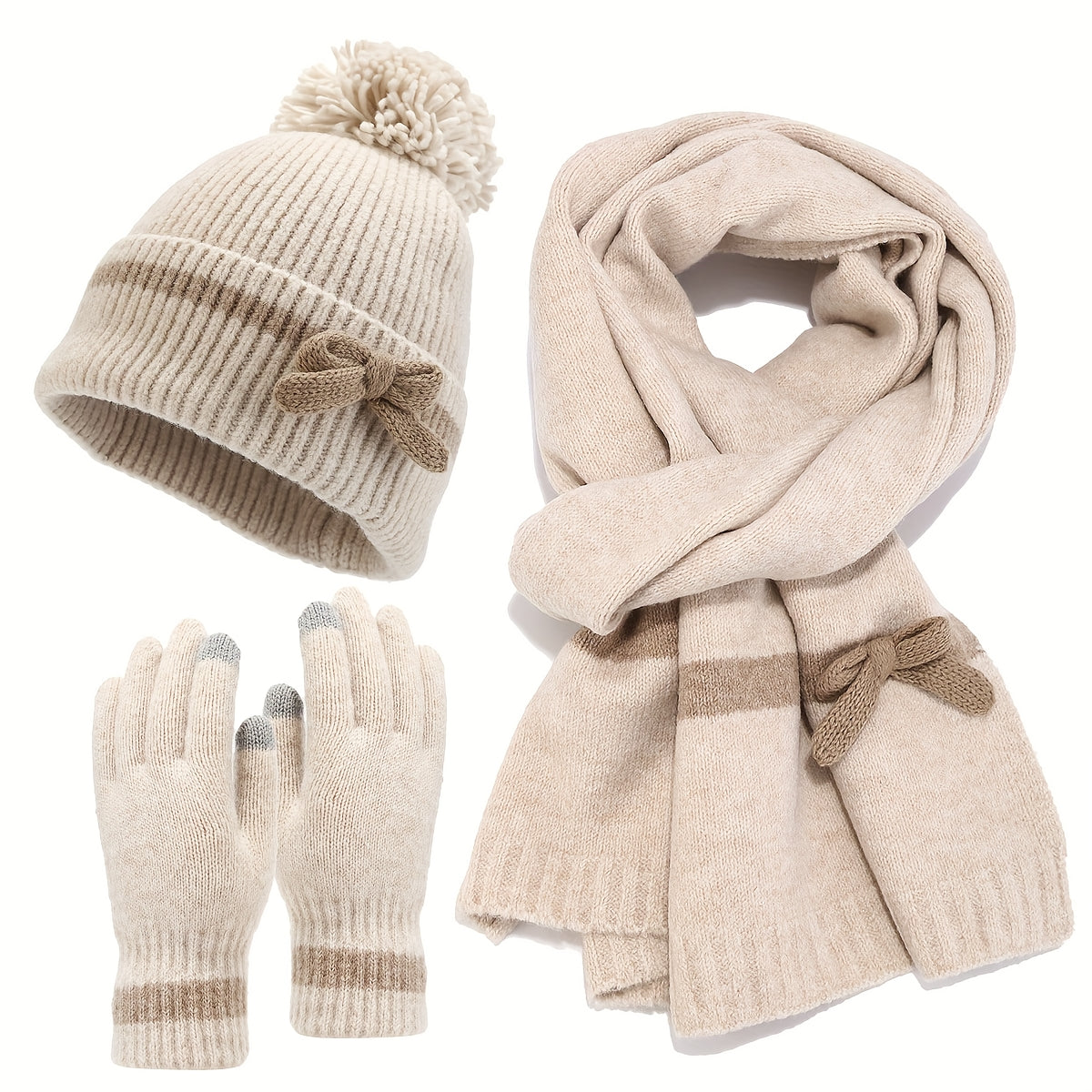 Ensemble Bonnet Écharpe Gants Tricoté Hiver avec Nœud Décoratif et Pompon pour Femme