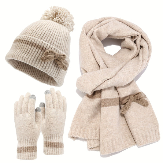 Ensemble Bonnet Écharpe Gants Tricoté Hiver avec Nœud Décoratif et Pompon pour Femme