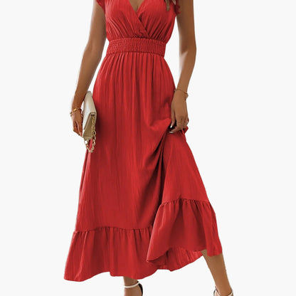 Abito lungo elegante da donna stile vacanze con maniche volant e vita arricciata