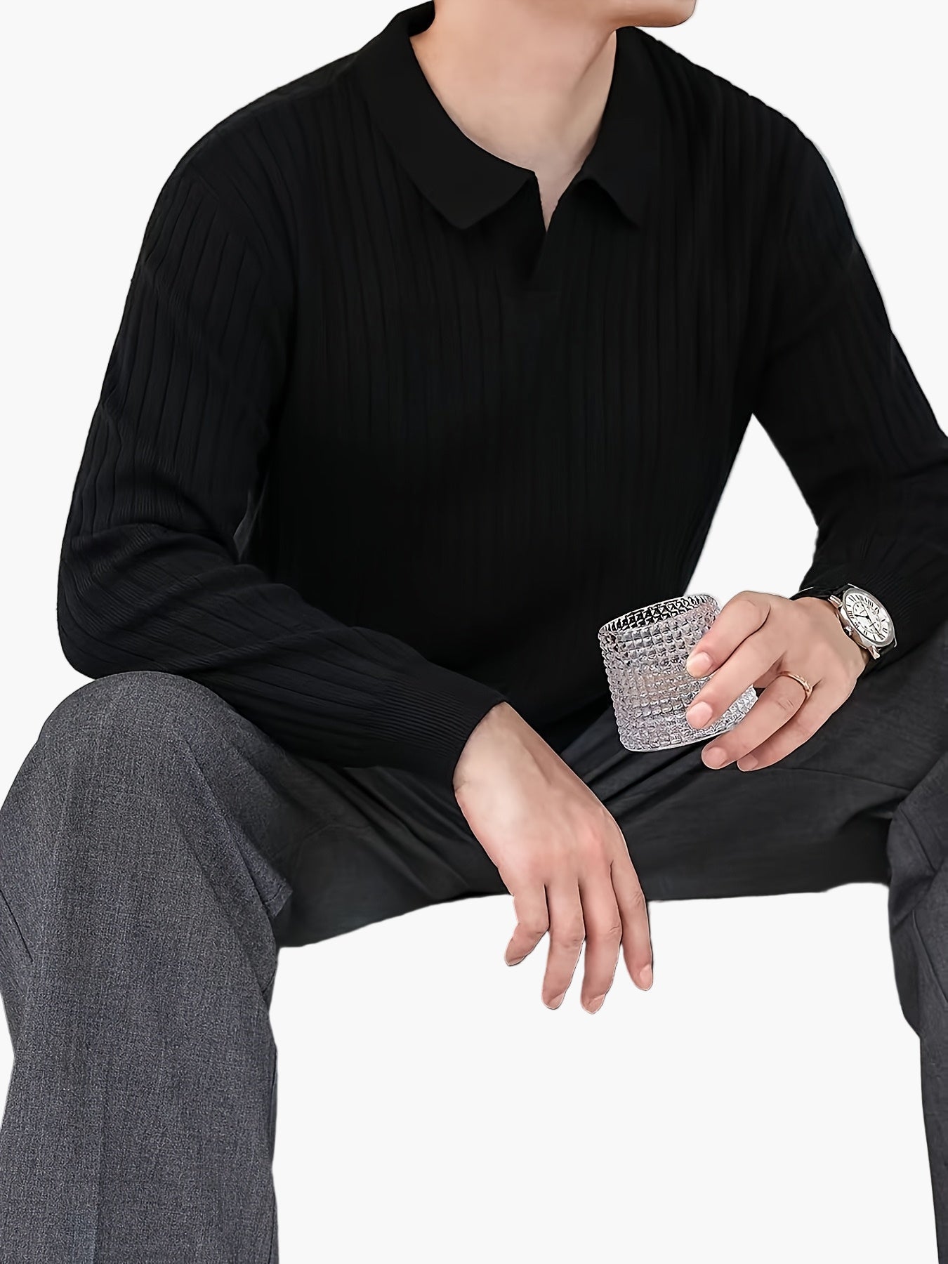 Polo hombre elegante de manga larga estilo casual con cuello abierto – Ideal otoño/invierno