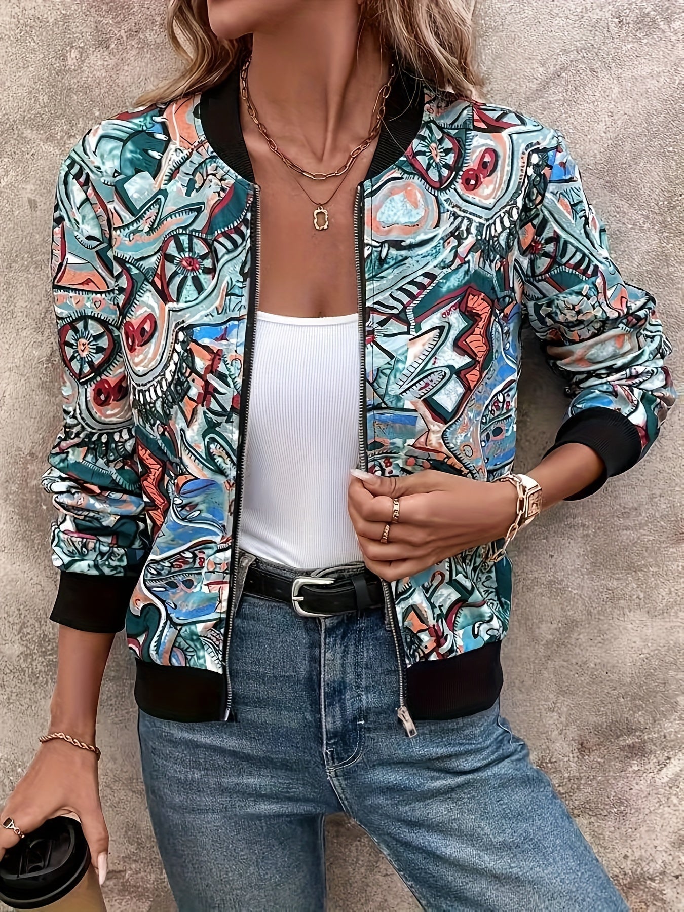 Lässige Damen-Bomberjacke mit grafischem Muster, Urlaubsstil