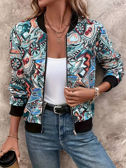 Lässige Damen-Bomberjacke mit grafischem Muster, Urlaubsstil