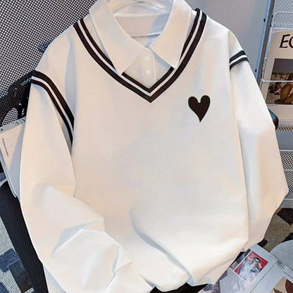 Pull col polo Blanc motif cœur Rayures V-neck manches longues style décontracté