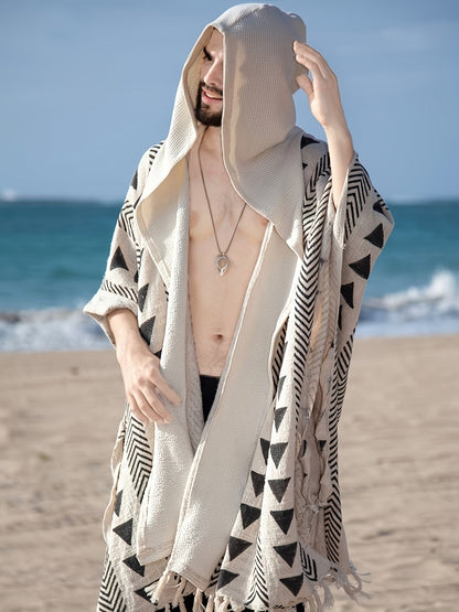 Poncho da spiaggia bohémien da uomo con cappuccio e motivi geometrici – stile festival casuale
