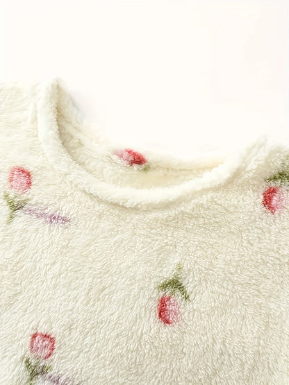Robe de Nuit Molletonnée Femme Crème à Motifs Floraux Manches Longues