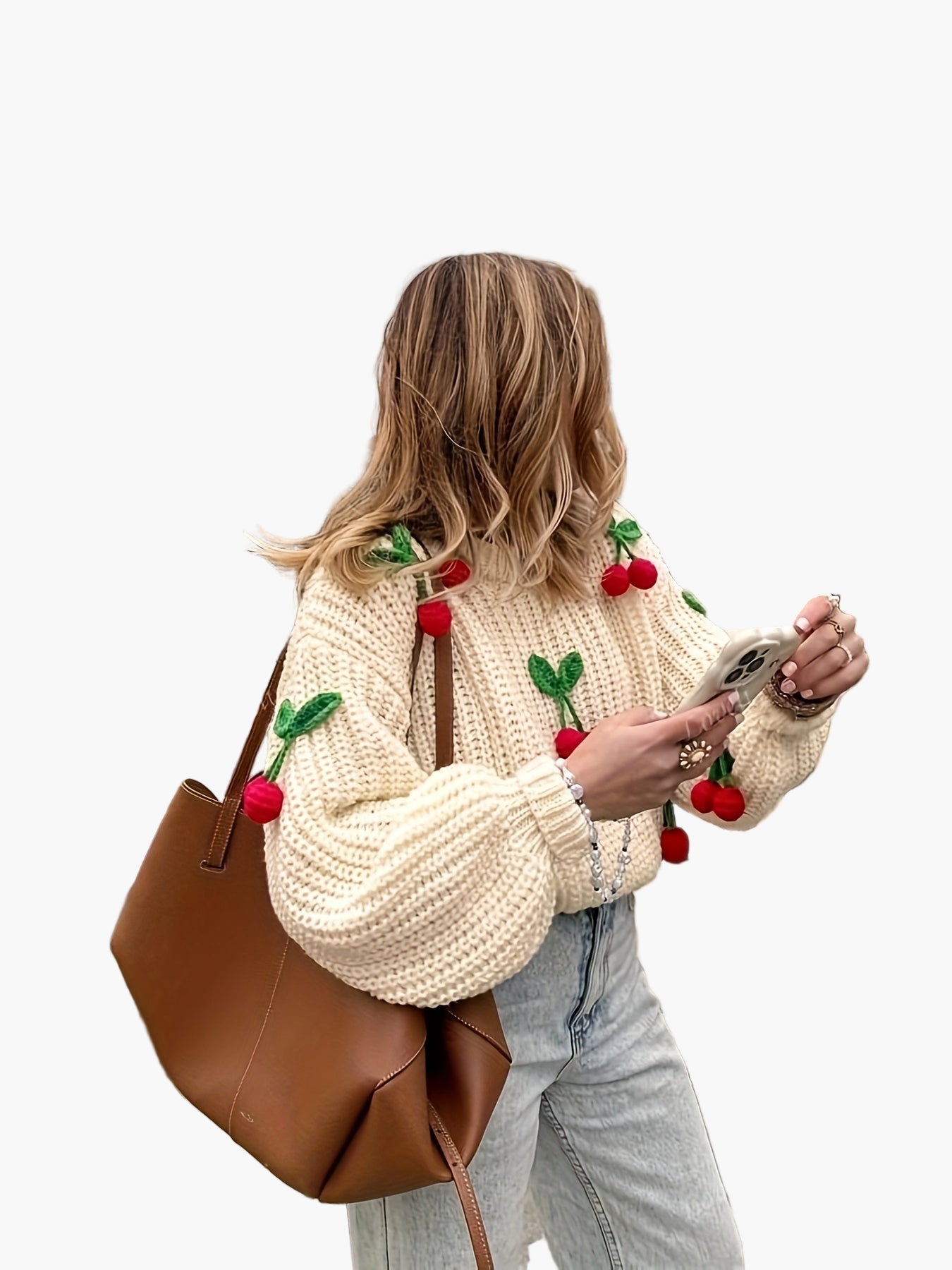Sudadera para mujer estilo casual con cerezas bordadas, mangas largas, ideal para otoño-invierno