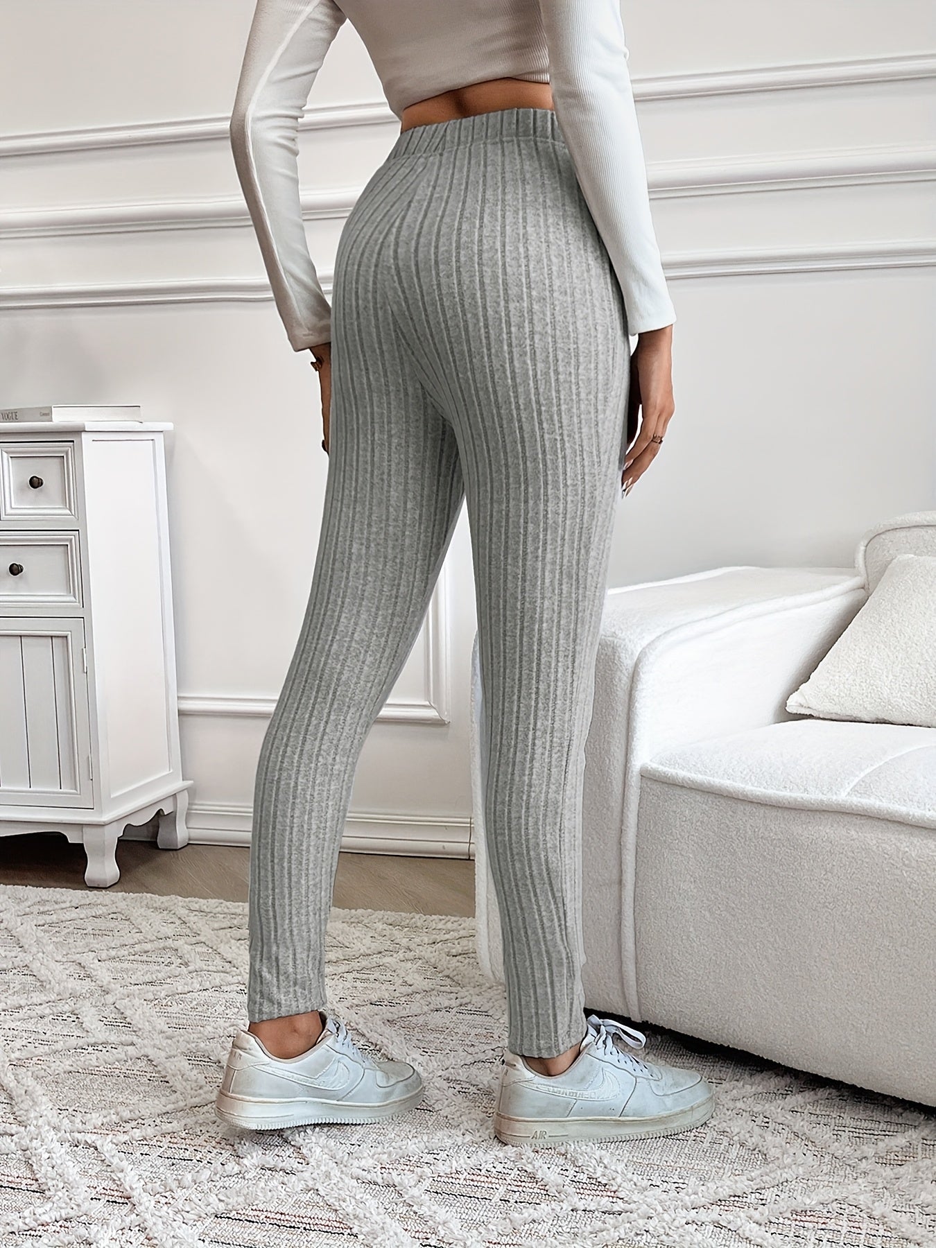 Legging Femme Côtelé Taille Haute Ajustable Confortable Marron Chiné