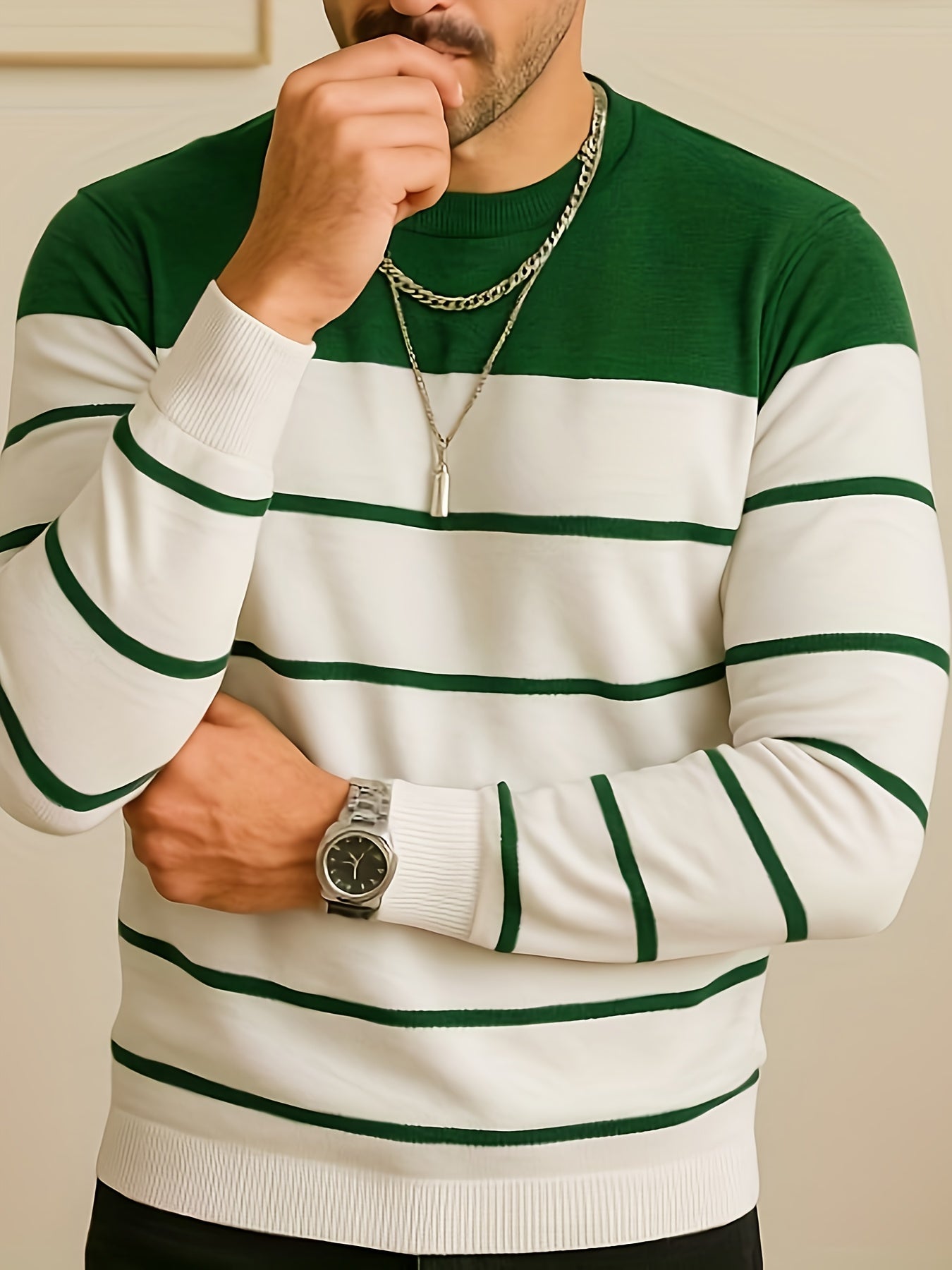 Pull Homme à Col Rond Rayé Vert Blanc Manches Longues Décontracté
